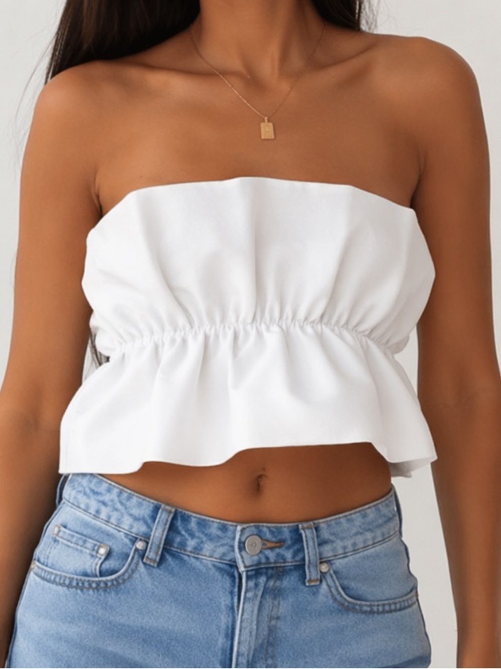 Zara White Strapless Ruffle Crop Top Bandeau Peplum Size M